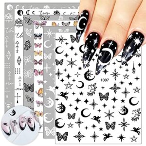 starry sky series nail stickers for nail art - 3d self adhesive nail decals black white butterfly star moon nail design stickers constellation meteor decals diy nail decorations for women, 6sheets