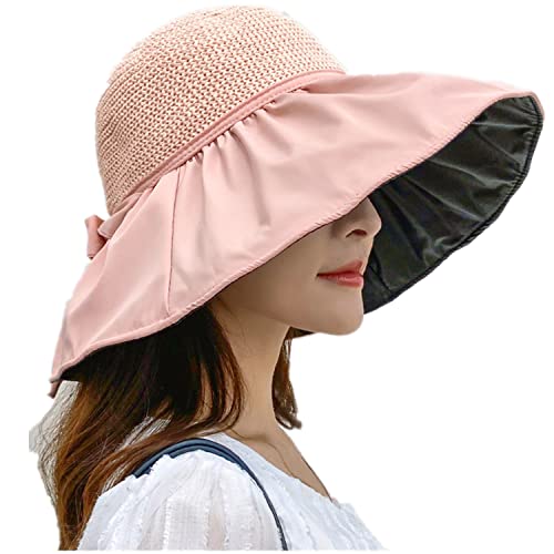 HONGPAS Women Vintage Rollable Fisherman Sun Cap Bucket Hat UV Sun Protection Wide Brim Summer Beach Cap (Pink)