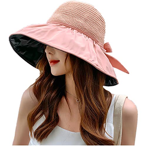 HONGPAS Women Vintage Rollable Fisherman Sun Cap Bucket Hat UV Sun Protection Wide Brim Summer Beach Cap (Pink)