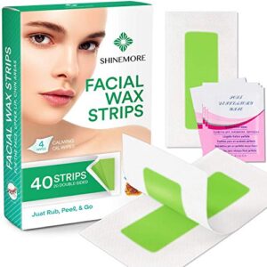 shinemore facial wax strips,hypoallergenic for all skin types - wax strips for hair removal - gentle and fast-working for face, eyebrow, upper lip, and chin (40 women wax strips + 4 calming oil wipes)