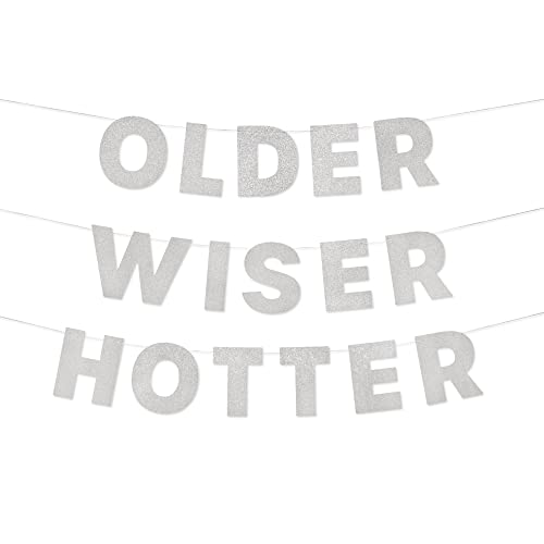 xo, Fetti Older Wiser Hotter Glitter Banner - Silver, 3 Ft. | Fun Birthday Party Decorations, 30th Birthday Decor, HBD, Gag Gift, Photobooth Backdrop