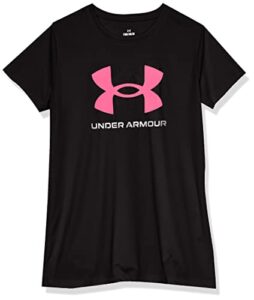 under armour girls' standard tech print big logo short sleeve crew, (002) black/cerise/white, large