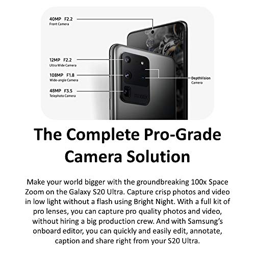 SAMSUNG Galaxy S20 Ultra 5G (128GB, 12GB) 6.9" AMOLED 2X, Snapdragon 865, 108MP Quad Camera, Volte Fully Unlocked (AT&T, T-Mobile, Verizon, Global) G988U1 US Model (w/Fast Wireless Charger, Black)