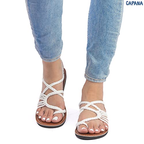 Capana Sandals (10) Woven Women's Flat Sandals - Strappy Braided Sandals , Beach Sandals for Women Dressy Summer , Rope Bohemian Sandals, Spring Casual Womens Shoes , Comfy Boho Flats for Teen Girls – White (Banyan)