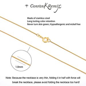 CONRAN KREMIX Thin Gold Chain Necklace For Women Men 1.0mm Width Box Chain Necklace Stainless Steel 18K Real Gold Plated Necklace 16 Inch