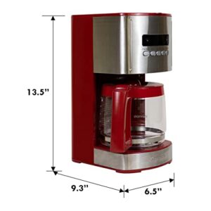 Kenmore Aroma Control 12-Cup Programmable Coffee Maker, Red and Stainless Steel Drip Coffee Machine, Glass Carafe, Reusable Filter, Timer, Digital Display Charcoal Water Filter, Regular or Bold