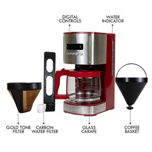 Kenmore Aroma Control 12-Cup Programmable Coffee Maker, Red and Stainless Steel Drip Coffee Machine, Glass Carafe, Reusable Filter, Timer, Digital Display Charcoal Water Filter, Regular or Bold