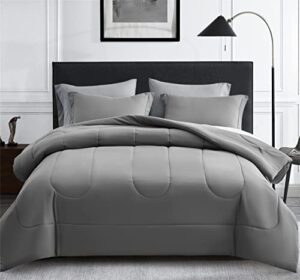 maple&stone queen size comforter set 7 pieces bed in a bag - down alternative bed set with sheets, pillowcases & shams, soft reversible duvet insert for queen bed, dark grey & light grey