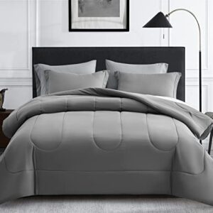 Maple&Stone Queen Size Comforter Set 7 Pieces Bed in a Bag - Down Alternative Bed Set with Sheets, Pillowcases & Shams, Soft Reversible Duvet Insert for Queen Bed, Dark Grey & Light Grey