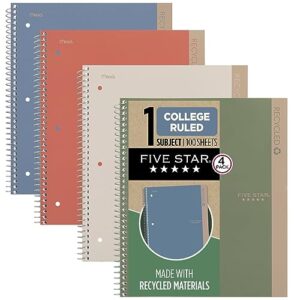 five star spiral notebooks + study app, recycled cover, 4 pack, 1 subject, college ruled paper, 8-1/2” x 11", 100 sheets per notebook, zion clay, olympic green, glacier blue, smoky gray(820046)