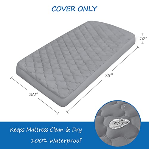 Cot Mattress Pad - Waterproof Quilted Cot Size Mattress Cover Topper 30" X 75" X 10" Fitted for Narrow Twin/Camp Bunk/Rvs Bunk/Guest Beds, Soft & Breathable Microfiber Protector, Grey (Cover Only)