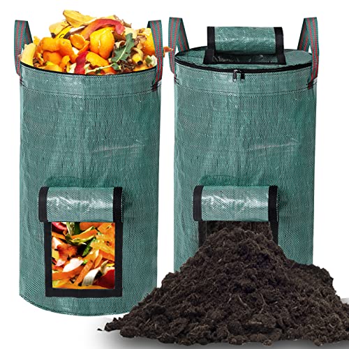 Pilntons 2 Pack 30 Gallon Garden Composting Bags Reusable Lawn Leaf Bags Heavy Duty Yard Waste Bags with Zipper Lid and Handles Compost Bins Outdoor Container for Clean Up Debris Grass Clippings