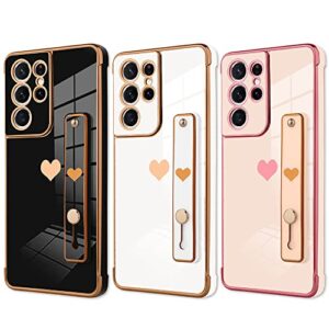 KANGHAR Designed for Samsung Galaxy S21 Ultra Case with Strap Luxury Love Heart Plating Gold Bumper Phone Cover Wristband Kickstand Full Body Protective Slim Case for Women - Black