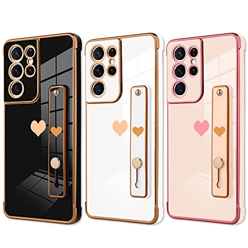 KANGHAR Designed for Samsung Galaxy S21 Ultra Case with Strap Luxury Love Heart Plating Gold Bumper Phone Cover Wristband Kickstand Full Body Protective Slim Case for Women - Black