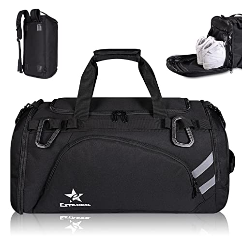 ESTARER Gym Bag Sports Duffel Bags for Men 50L with Shoe Compartment & Wet Pocket Large Fitness Workout Travel 4-in-1 Backpack - Black