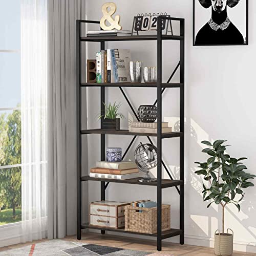 FATORRI 5 Tier Industrial Bookshelf, Rustic Open Bookcase for Display, Dark Wood and Metal Shelving Unit and Tall Book Shelves for Home Office (Walnut Brown)