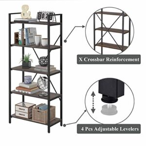 FATORRI 5 Tier Industrial Bookshelf, Rustic Open Bookcase for Display, Dark Wood and Metal Shelving Unit and Tall Book Shelves for Home Office (Walnut Brown)