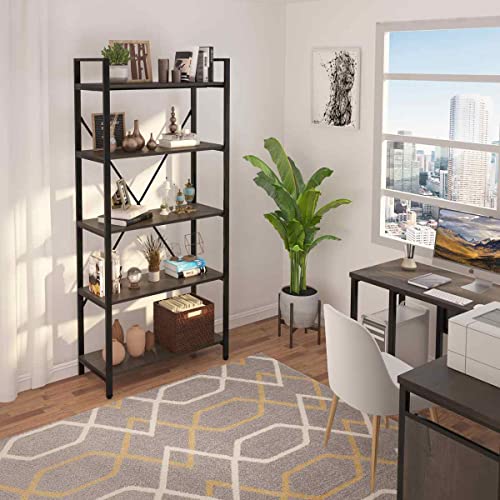 FATORRI 5 Tier Industrial Bookshelf, Rustic Open Bookcase for Display, Dark Wood and Metal Shelving Unit and Tall Book Shelves for Home Office (Walnut Brown)