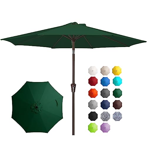 JEAREY 9FT Outdoor Patio Umbrella Outdoor Table Umbrella with Push Button Tilt and Crank, Market Umbrella 8 Sturdy Ribs UV Protection Waterproof for Garden, Deck, Backyard, Pool (Dark Green)