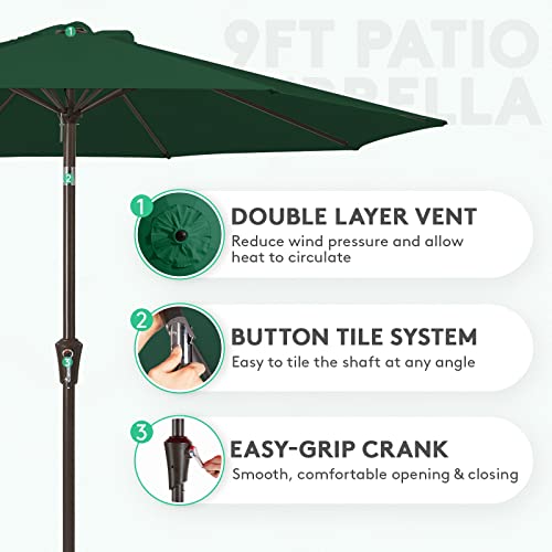 JEAREY 9FT Outdoor Patio Umbrella Outdoor Table Umbrella with Push Button Tilt and Crank, Market Umbrella 8 Sturdy Ribs UV Protection Waterproof for Garden, Deck, Backyard, Pool (Dark Green)