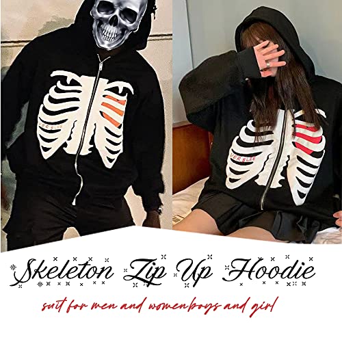 NUFR Unisex Skeleton Zip Up Hoodie Fashion Vintage Jacket Graphics E-Girl 90s Sweatshirt for Men and Women for Teen Girls Boys Black