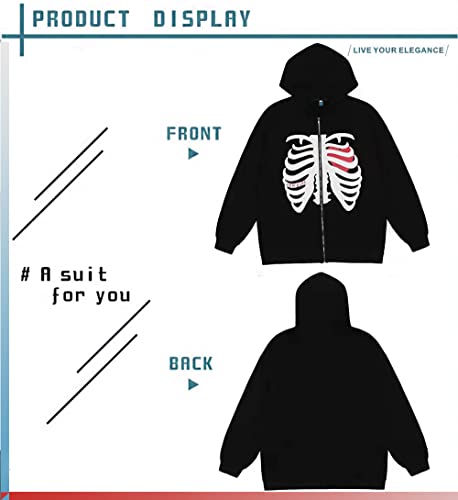 NUFR Unisex Skeleton Zip Up Hoodie Fashion Vintage Jacket Graphics E-Girl 90s Sweatshirt for Men and Women for Teen Girls Boys Black