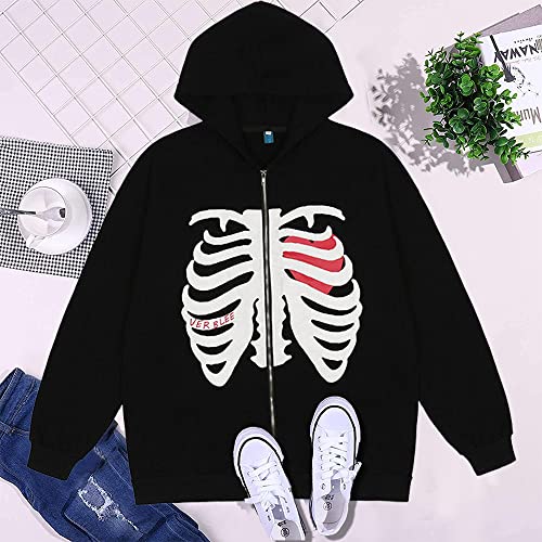 NUFR Unisex Skeleton Zip Up Hoodie Fashion Vintage Jacket Graphics E-Girl 90s Sweatshirt for Men and Women for Teen Girls Boys Black