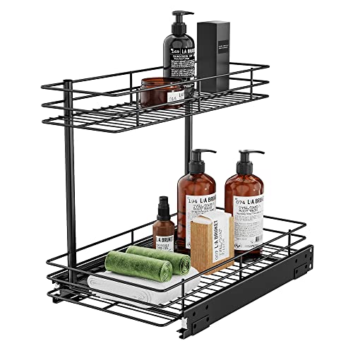 HOSUN Pull Out Under Sink Cabinet Organizer, 2 Tier Slide Wire Shelf Basket- 10.43W x 17.32D x 14.56H - Request at Least 12 inch Cabinet Opening, Perfect For Kitchen/vanity Under Sink Storage