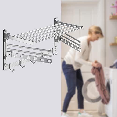 SKIKEN Wall-Mounted Laundry Drying Rack, 2 Swivel Rods with 6 Holes, Folding Organizer Rack for Laundry Room, Bathroom, Swivel Towel Rack/Drying Organizer, 5 Movable Hooks, Aluminum (Silver, 15.8")