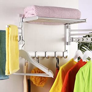 SKIKEN Wall-Mounted Laundry Drying Rack, 2 Swivel Rods with 6 Holes, Folding Organizer Rack for Laundry Room, Bathroom, Swivel Towel Rack/Drying Organizer, 5 Movable Hooks, Aluminum (Silver, 15.8")