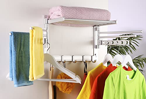 SKIKEN Wall-Mounted Laundry Drying Rack, 2 Swivel Rods with 6 Holes, Folding Organizer Rack for Laundry Room, Bathroom, Swivel Towel Rack/Drying Organizer, 5 Movable Hooks, Aluminum (Silver, 15.8")