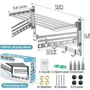 SKIKEN Wall-Mounted Laundry Drying Rack, 2 Swivel Rods with 6 Holes, Folding Organizer Rack for Laundry Room, Bathroom, Swivel Towel Rack/Drying Organizer, 5 Movable Hooks, Aluminum (Silver, 15.8")