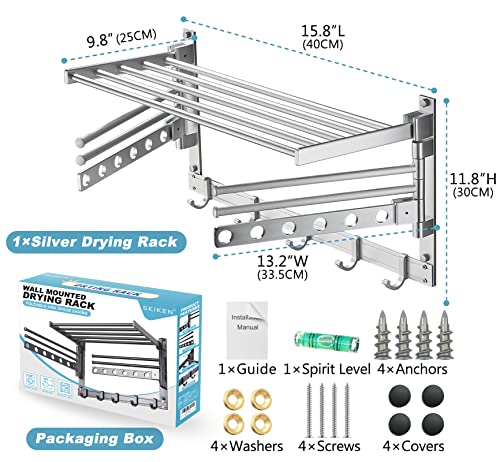 SKIKEN Wall-Mounted Laundry Drying Rack, 2 Swivel Rods with 6 Holes, Folding Organizer Rack for Laundry Room, Bathroom, Swivel Towel Rack/Drying Organizer, 5 Movable Hooks, Aluminum (Silver, 15.8")