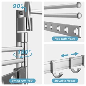 SKIKEN Wall-Mounted Laundry Drying Rack, 2 Swivel Rods with 6 Holes, Folding Organizer Rack for Laundry Room, Bathroom, Swivel Towel Rack/Drying Organizer, 5 Movable Hooks, Aluminum (Silver, 15.8")