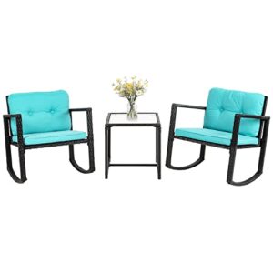 fdw outdoor conversation sets rattan furniture wicker rocking chairs with blue cushions and glass coffee table for balcony poolside garden patio porch backyard