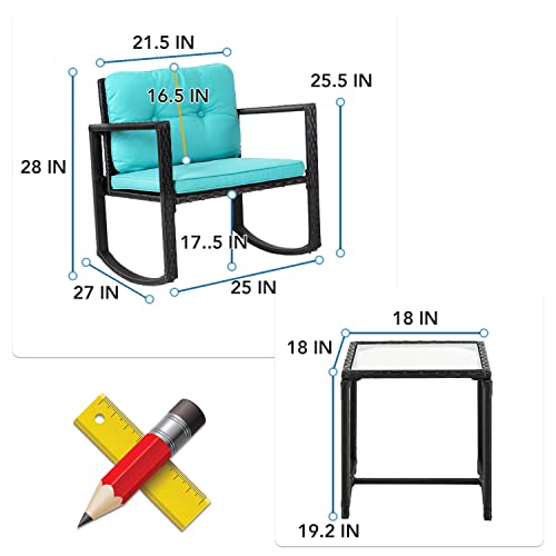 FDW Outdoor Conversation Sets Rattan Furniture Wicker Rocking Chairs with Blue Cushions and Glass Coffee Table for Balcony Poolside Garden Patio Porch Backyard