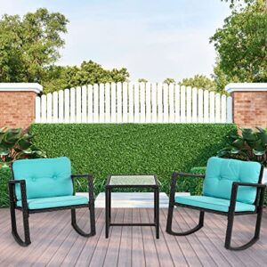 FDW Outdoor Conversation Sets Rattan Furniture Wicker Rocking Chairs with Blue Cushions and Glass Coffee Table for Balcony Poolside Garden Patio Porch Backyard