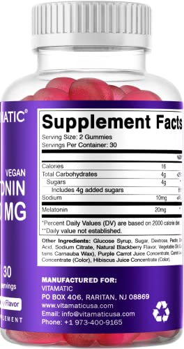 Vitamatic Melatonin 20mg Gummies for Adults, 30 Servings - 60 Vegetarian Gummies - Non-Habit Forming Supplement (60 Gummies (Pack of 2))