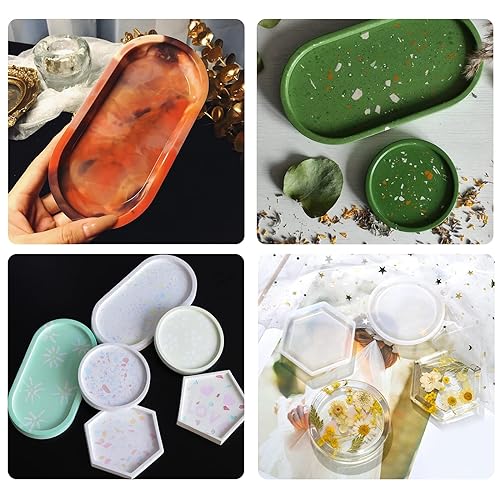 EPODA 5pcs Resin Tray Molds, Silicone Tray Mold, Round, Hexagon, and Square Epoxy Resin Casting Molds for Coaster Tray Making