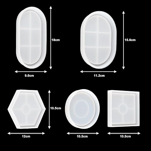 EPODA 5pcs Resin Tray Molds, Silicone Tray Mold, Round, Hexagon, and Square Epoxy Resin Casting Molds for Coaster Tray Making