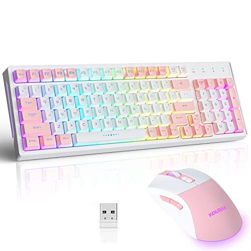 CK98 Wireless Gaming Keyboard and Mouse Combo,Rechargeable RGB White Gaming Keyboard RGB Backlit 98 Keys Mechanical Feeling Dual Color Keyboard and Gaming Mouse 3200DPI for PC Mac Gamers(WhitePink)