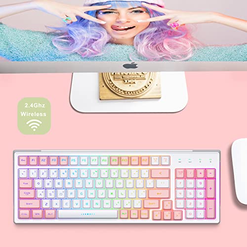 CK98 Wireless Gaming Keyboard and Mouse Combo,Rechargeable RGB White Gaming Keyboard RGB Backlit 98 Keys Mechanical Feeling Dual Color Keyboard and Gaming Mouse 3200DPI for PC Mac Gamers(WhitePink)