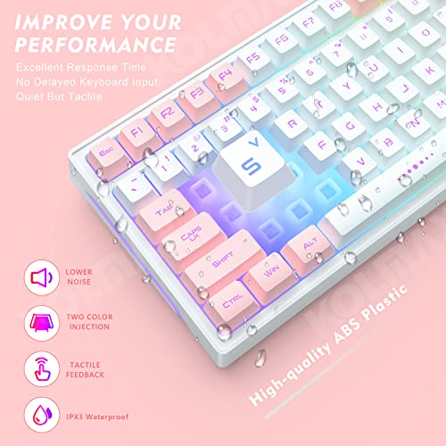 CK98 Wireless Gaming Keyboard and Mouse Combo,Rechargeable RGB White Gaming Keyboard RGB Backlit 98 Keys Mechanical Feeling Dual Color Keyboard and Gaming Mouse 3200DPI for PC Mac Gamers(WhitePink)