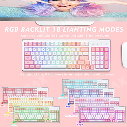 CK98 Wireless Gaming Keyboard and Mouse Combo,Rechargeable RGB White Gaming Keyboard RGB Backlit 98 Keys Mechanical Feeling Dual Color Keyboard and Gaming Mouse 3200DPI for PC Mac Gamers(WhitePink)