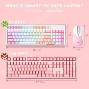 CK98 Wireless Gaming Keyboard and Mouse Combo,Rechargeable RGB White Gaming Keyboard RGB Backlit 98 Keys Mechanical Feeling Dual Color Keyboard and Gaming Mouse 3200DPI for PC Mac Gamers(WhitePink)