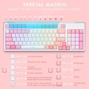 CK98 Wireless Gaming Keyboard and Mouse Combo,Rechargeable RGB White Gaming Keyboard RGB Backlit 98 Keys Mechanical Feeling Dual Color Keyboard and Gaming Mouse 3200DPI for PC Mac Gamers(WhitePink)