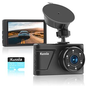 dash cam front, dash cam with 32gb sd card, kussla 1080p dash camera for cars, super night vision dashcams for cars, 170° wide angle dashcam, 3'' ips screen, loop recording, wdr, g-sensor