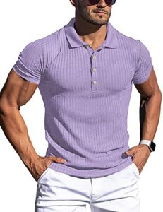 urru men's muscle t shirts stretch classic ribbed short sleeve casual slim fit polo golf shirt light purple s