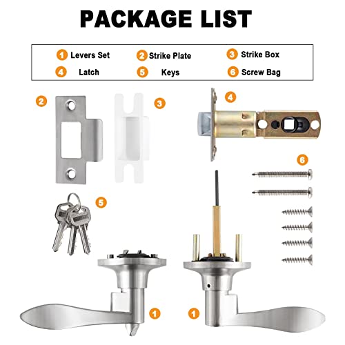 NeuType 3 Pack Satin Nickel Front Door Handle with Lock and Key, Entry Door Lockset, Wave-Like Lever, Keyed Entry Lock for Home Office or Hotels, Compatible with Right & Left Handed Doors