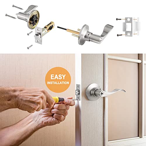 NeuType 3 Pack Satin Nickel Front Door Handle with Lock and Key, Entry Door Lockset, Wave-Like Lever, Keyed Entry Lock for Home Office or Hotels, Compatible with Right & Left Handed Doors